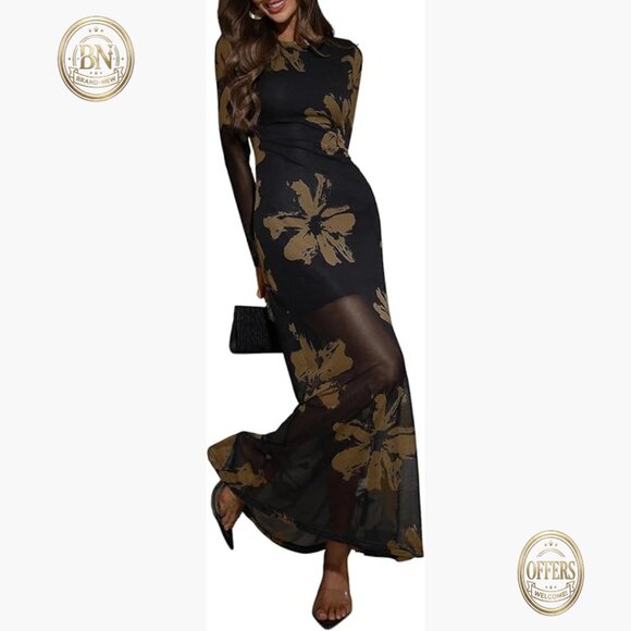 Floral Mesh Maxi Dress Long Sleeve Formal Cocktail Wedding Guest